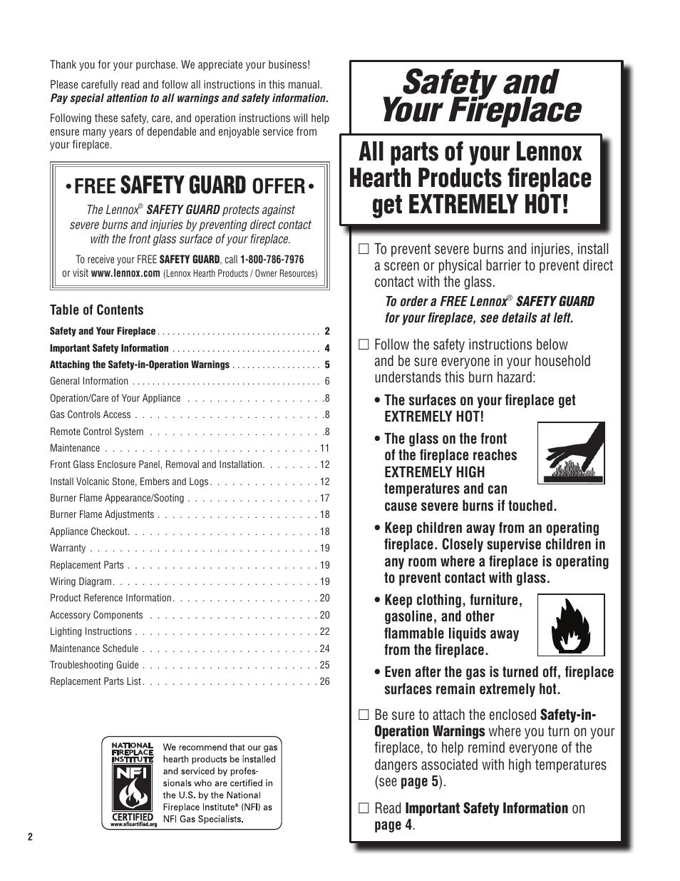 Safety and your fireplace, Safety, Guard | Free, Offer | Lennox Hearth DIRECT-VENT SYMMETRY SERIES SYM-35N User Manual | Page 2 / 28