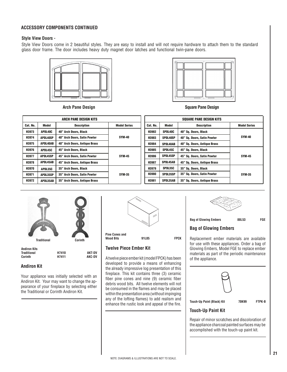 Accessory components continued, Touch-up paint kit, Twelve piece ember kit | Bag of glowing embers, Andiron kit | Lennox Hearth DIRECT-VENT SYMMETRY SERIES SYM-35N User Manual | Page 21 / 28