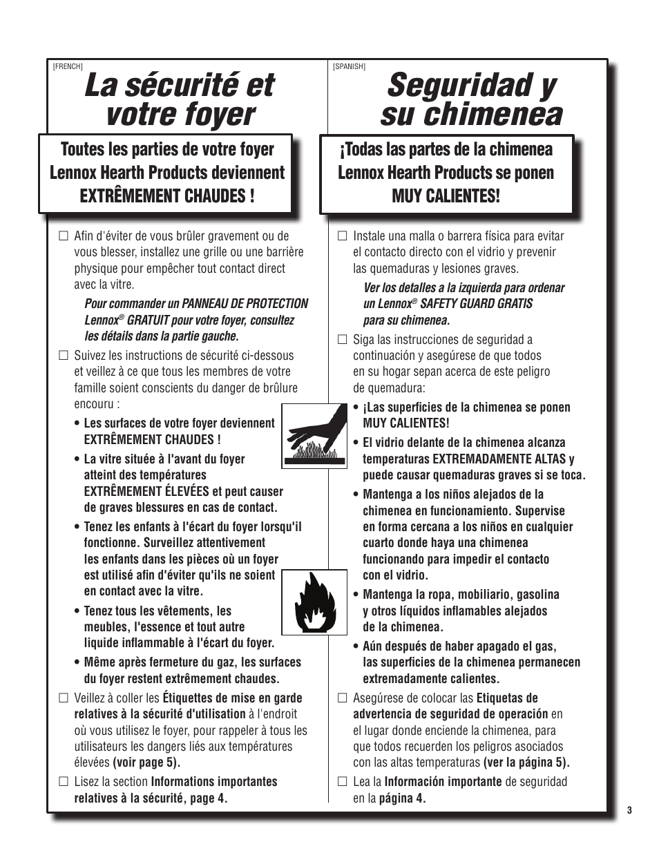 Seguridad y su chimenea la sécurité et votre foyer | Lennox Hearth DIRECT-VENT SYMMETRY SERIES SYM-35N User Manual | Page 3 / 28