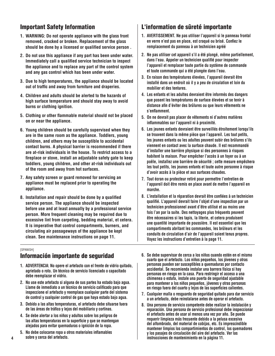 Important safety information, L'information de sûreté importante, Información importante de seguridad | Lennox Hearth DIRECT-VENT SYMMETRY SERIES SYM-35N User Manual | Page 4 / 28