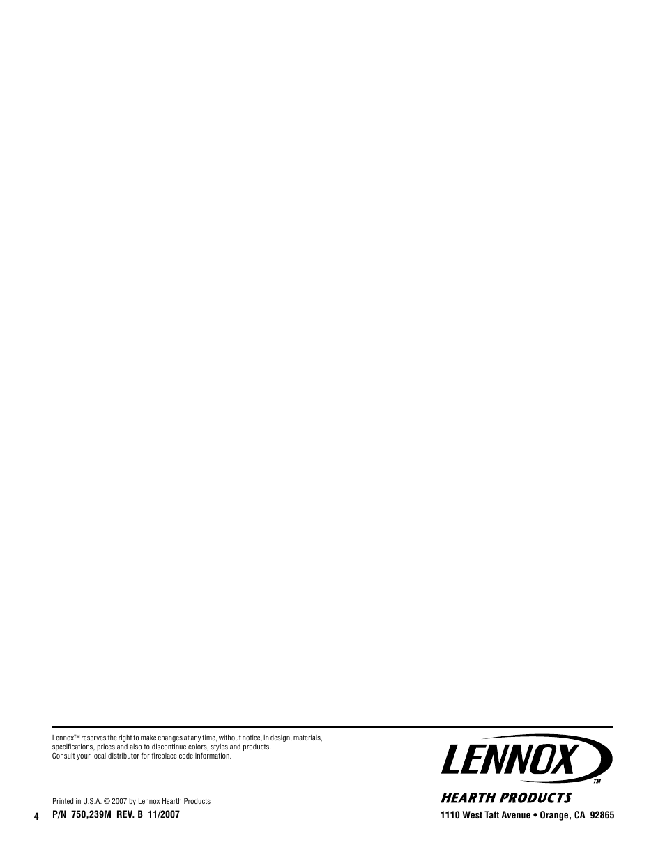 Lennox Hearth SHADOWDANCETM LSVFSD-8 User Manual | Page 4 / 4