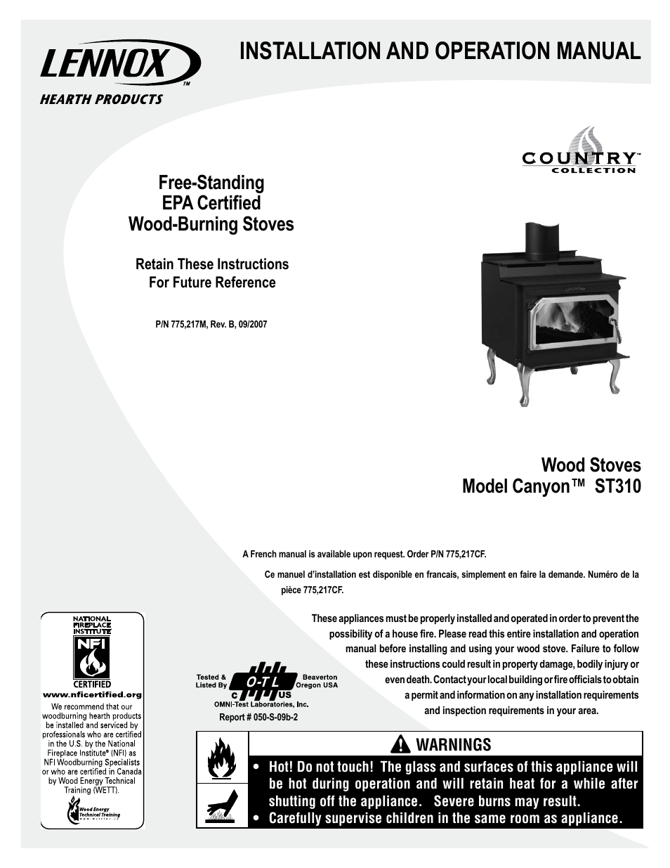 Lennox Hearth CANYON ST310 User Manual | 20 pages