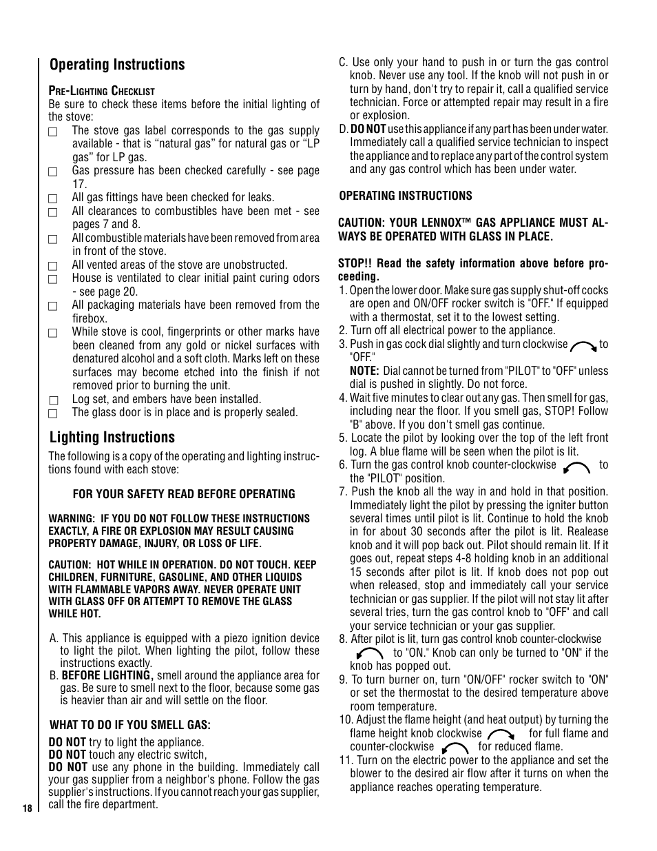 Operating instructions, Lighting instructions | Lennox Hearth VIS35 User Manual | Page 18 / 30