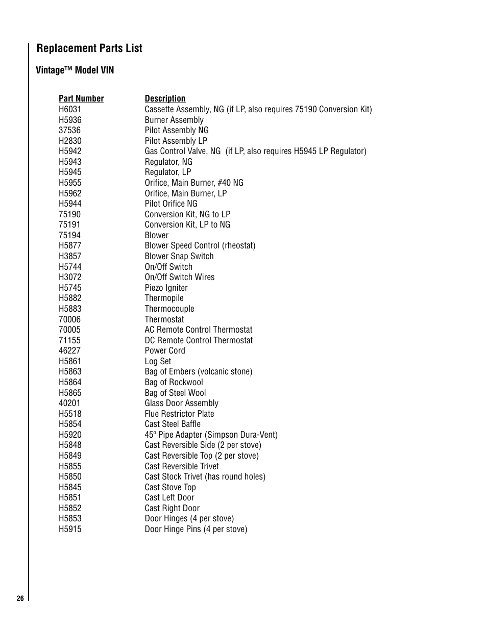 Replacement parts list | Lennox Hearth VIS35 User Manual | Page 26 / 30