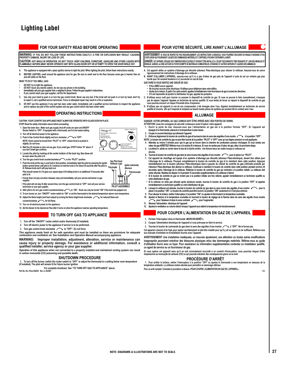 Lighting label, For your safety read before operating, Shutdown procedure operating instructions | Pour couper l’alimentation en gaz de l’appareil, Procédure d’arrêt allumage | Lennox Hearth VIS35 User Manual | Page 27 / 30