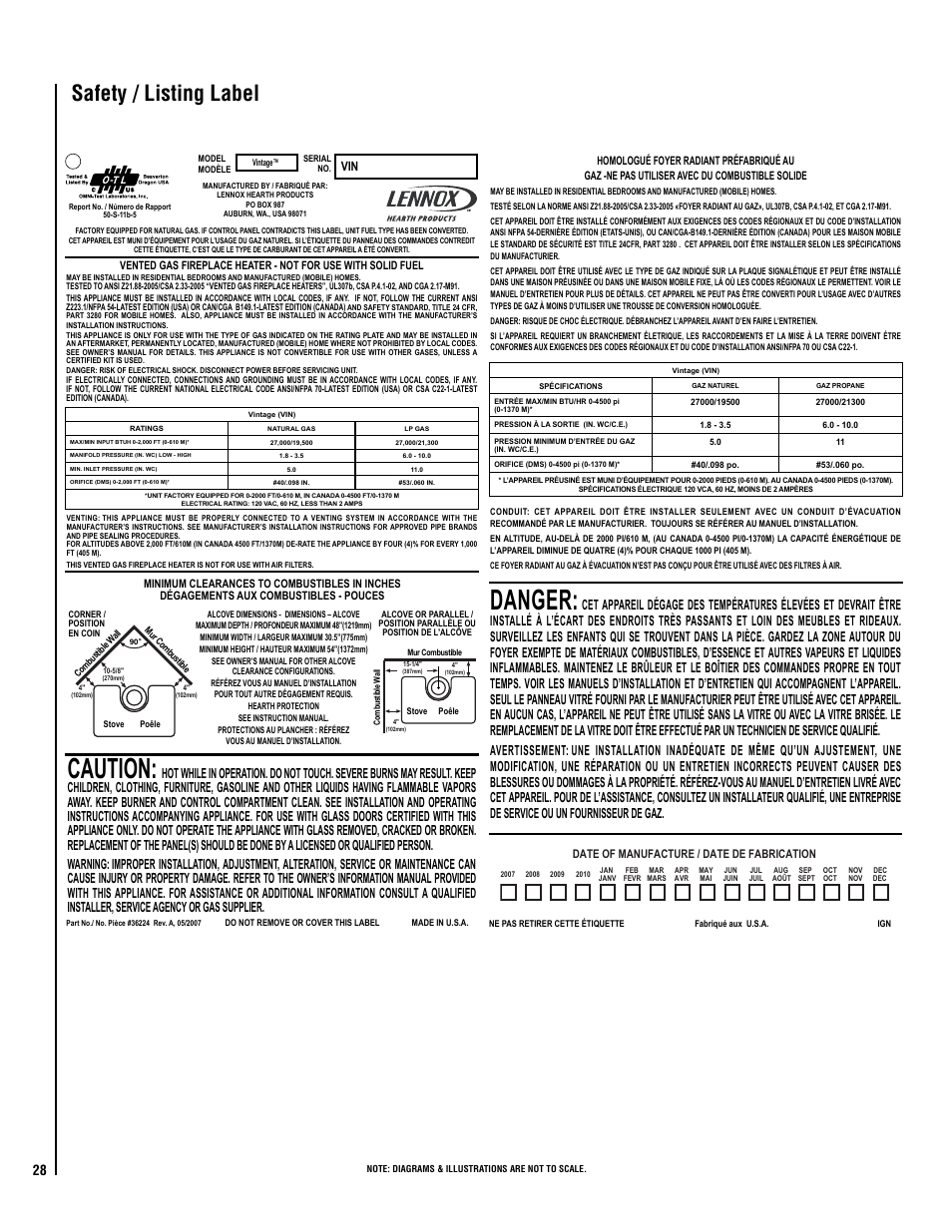 Caution, Danger, Safety / listing label | Lennox Hearth VIS35 User Manual | Page 28 / 30