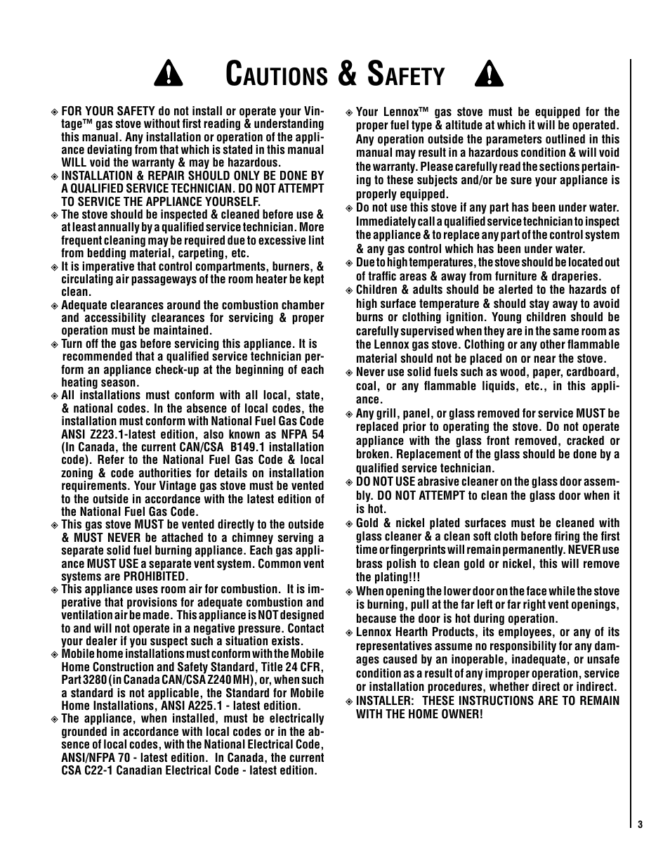 Autions, Afety | Lennox Hearth VIS35 User Manual | Page 3 / 30