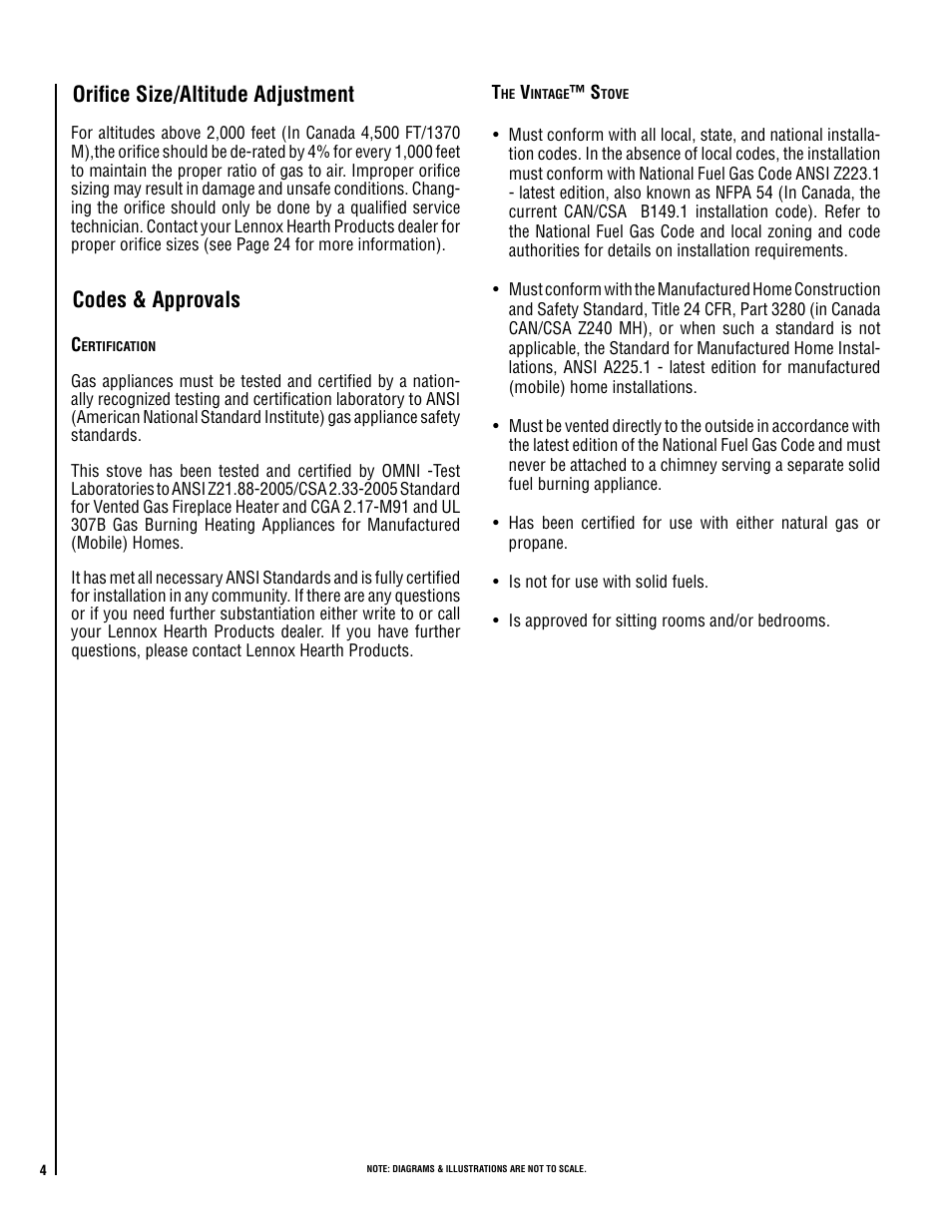 Orifice size/altitude adjustment, Codes & approvals | Lennox Hearth VIS35 User Manual | Page 4 / 30