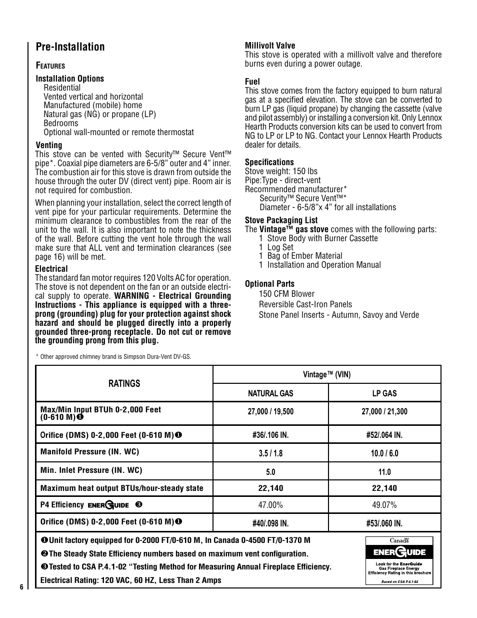 Pre-installation | Lennox Hearth VIS35 User Manual | Page 6 / 30