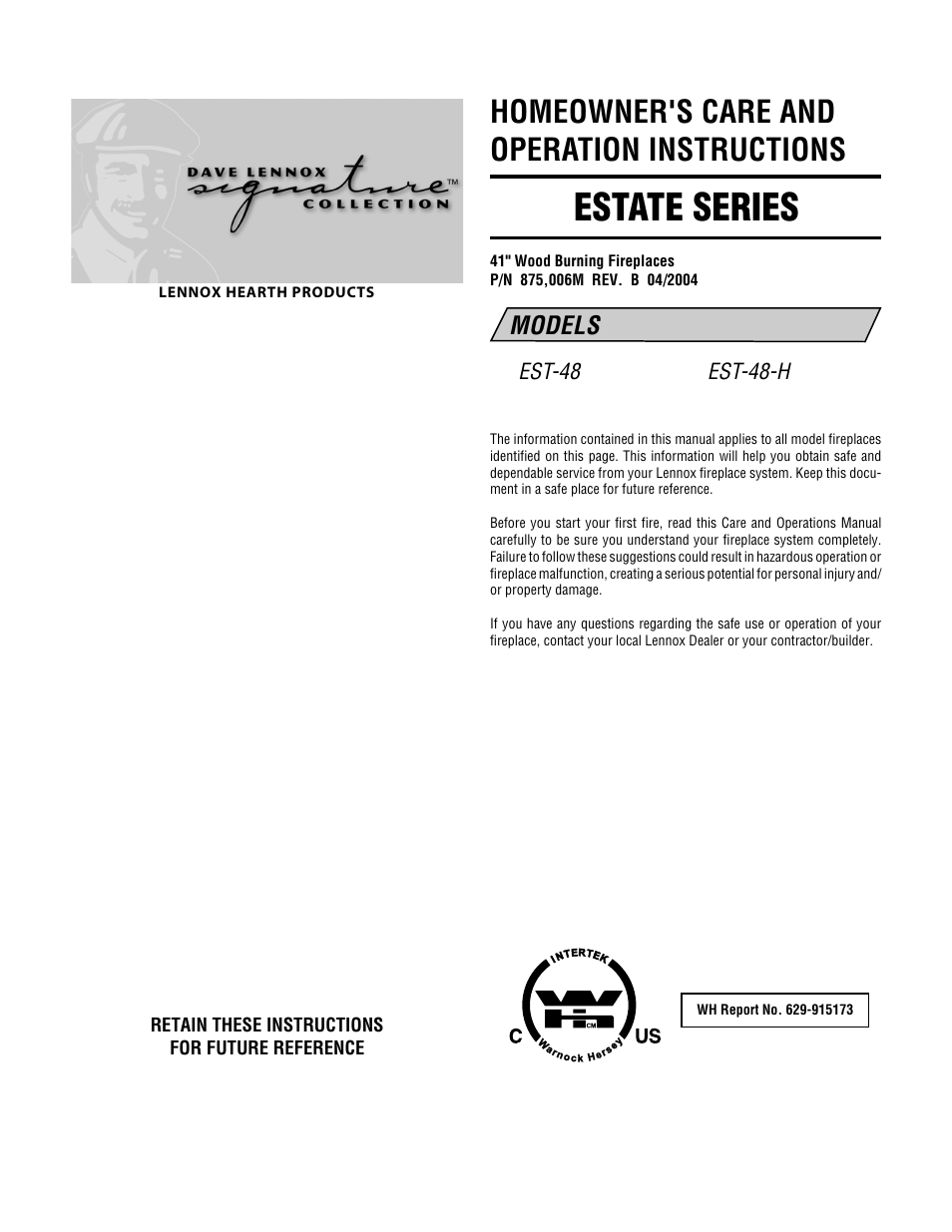 Lennox Hearth EST-48-H User Manual | 8 pages