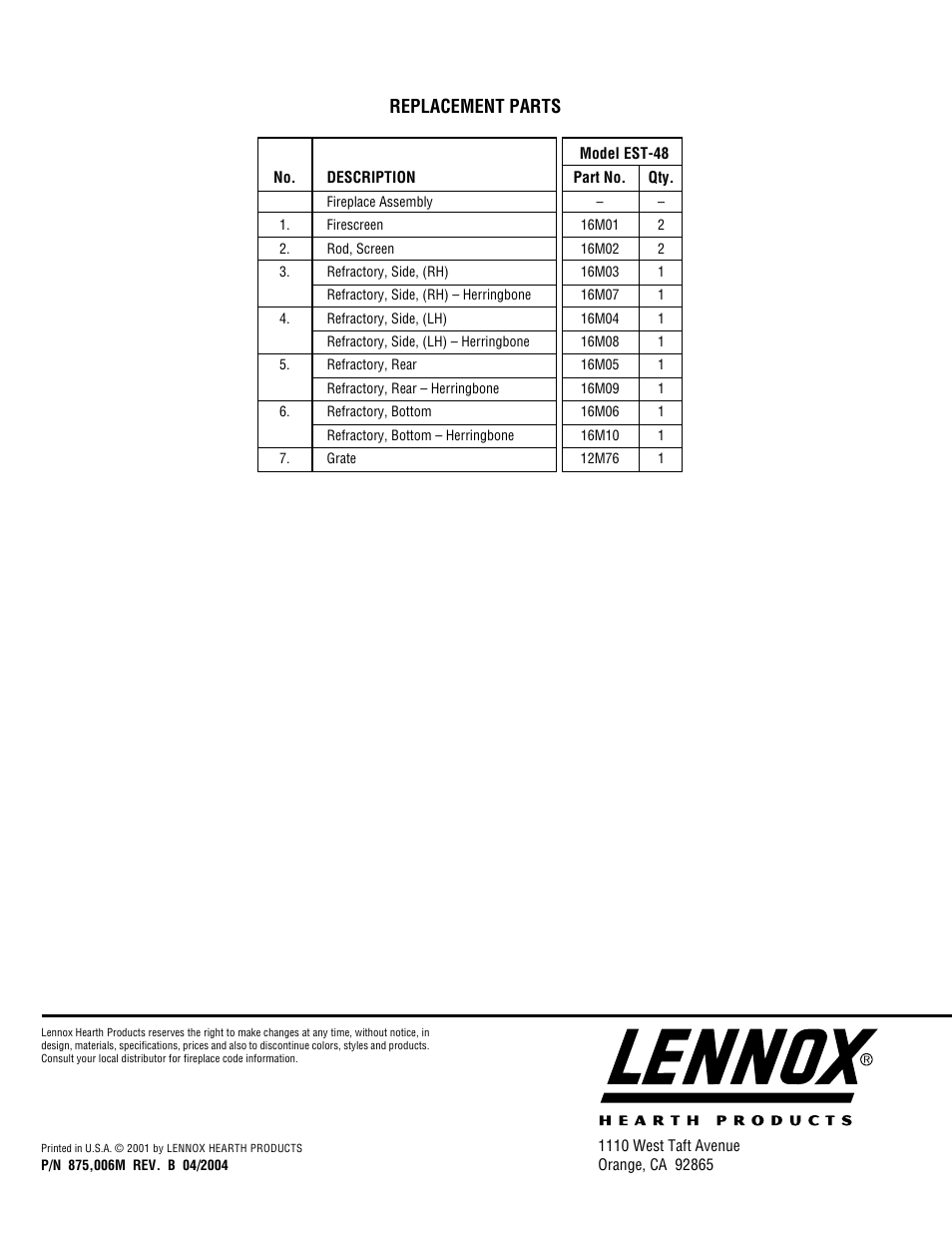 Replacement parts | Lennox Hearth EST-48-H User Manual | Page 8 / 8