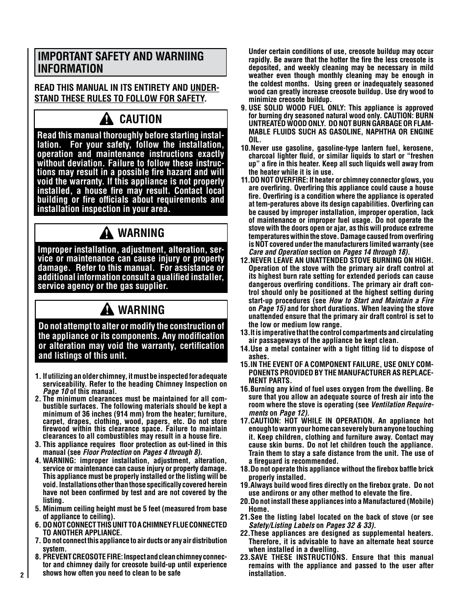 Important safety and warniing information, Warning, Caution | Lennox Hearth ELITE CI2000HT User Manual | Page 2 / 36