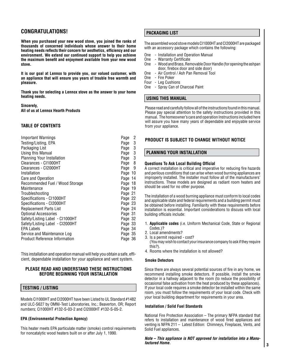 Lennox Hearth ELITE CI2000HT User Manual | Page 3 / 36