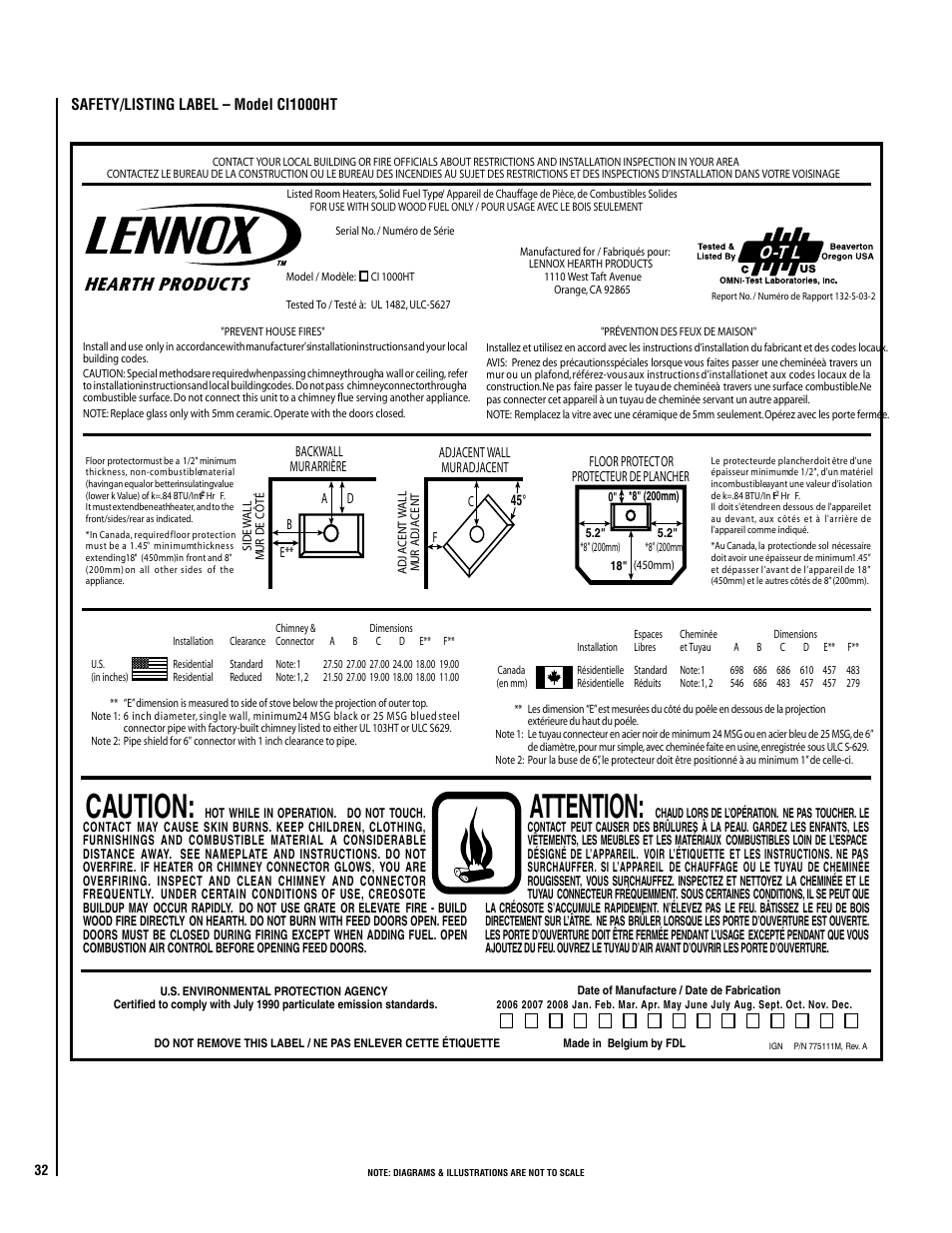 Caution, Attention | Lennox Hearth ELITE CI2000HT User Manual | Page 32 / 36