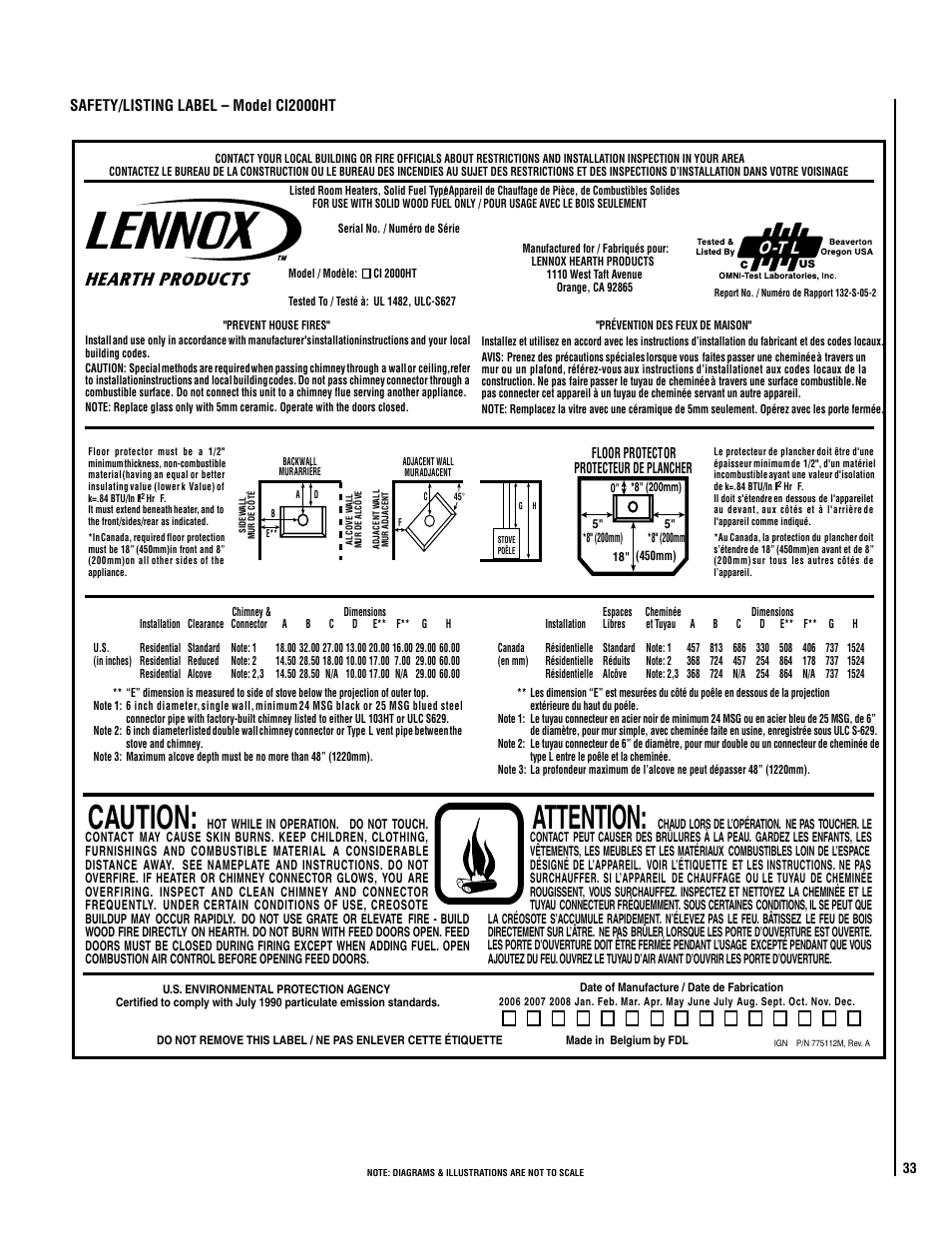 Caution, Attention, Safety/listing label – model ci2000ht | Lennox Hearth ELITE CI2000HT User Manual | Page 33 / 36