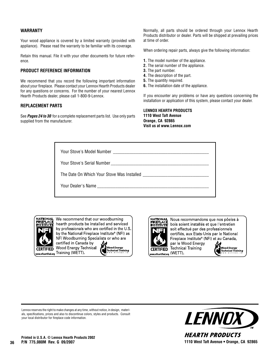 Lennox Hearth ELITE CI2000HT User Manual | Page 36 / 36
