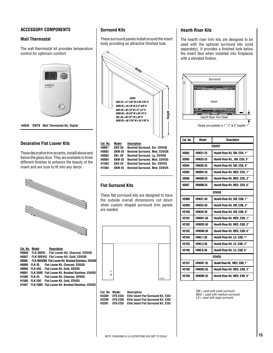 Accessory components wall thermostat, Surround kits, Decorative flat louver kits | Hearth riser kits, Flat surround kits | Lennox Hearth EDVI25 User Manual | Page 15 / 24