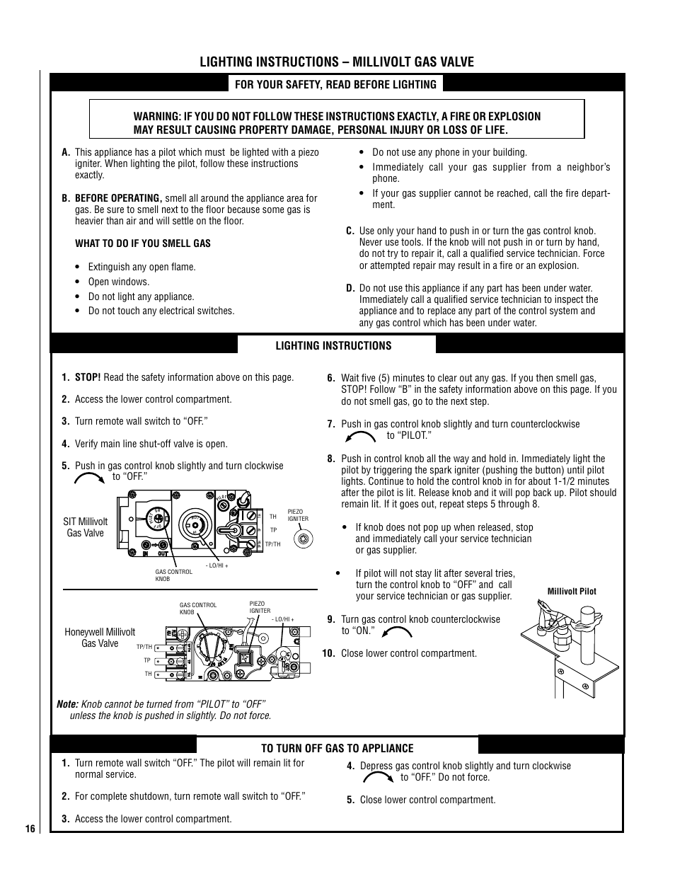 Lighting instructions – millivolt gas valve, Lighting instructions | Lennox Hearth EDVI25 User Manual | Page 16 / 24