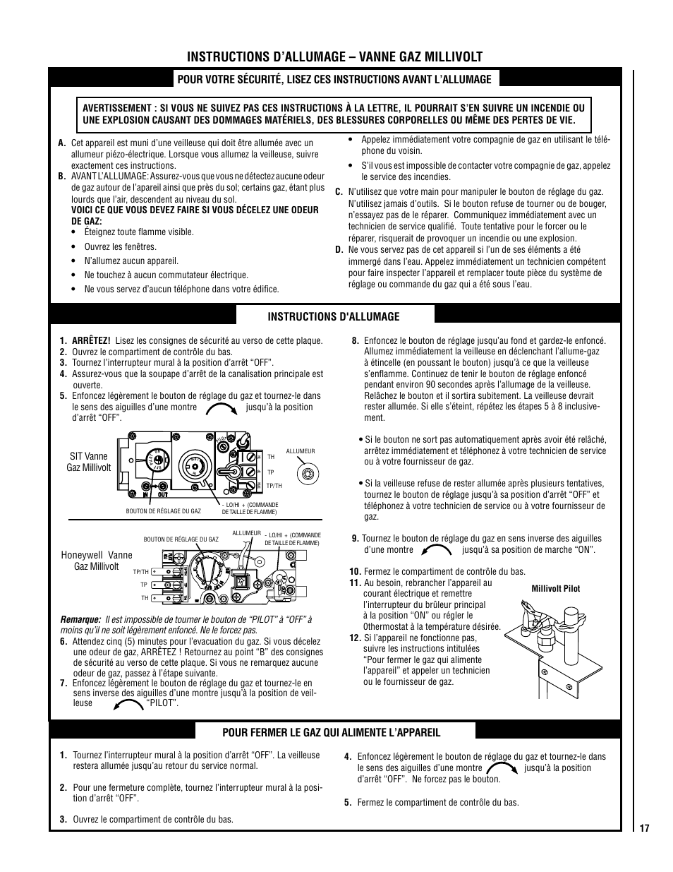 Instructions d’allumage – vanne gaz millivolt, Instructions d'allumage, Pour fermer le gaz qui alimente l’appareil | Lennox Hearth EDVI25 User Manual | Page 17 / 24