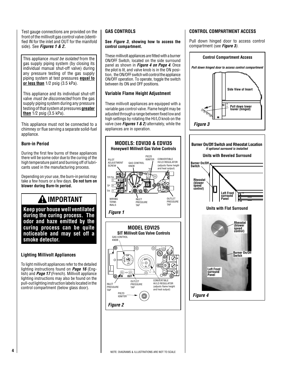 Important, Model edvi5, Models: edvi30 & edvi35 | Lighting millivolt appliances, Figure 4, Figure 3, Control compartment access, Burn-in period, Gas controls, Variable flame height adjustment | Lennox Hearth EDVI25 User Manual | Page 4 / 24