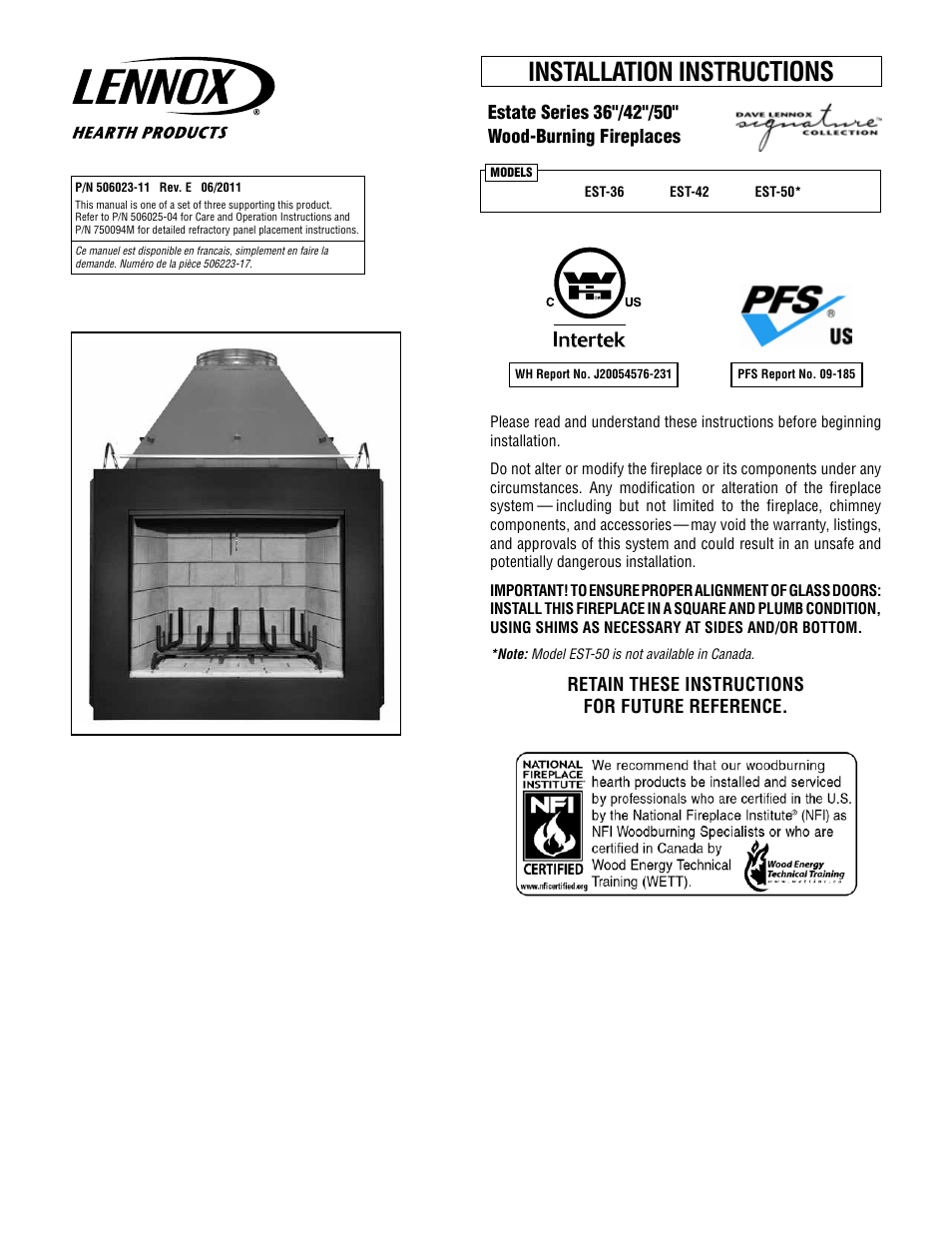 Lennox Hearth WOOD-BURNING FIREPLACES EST-50* User Manual | 26 pages