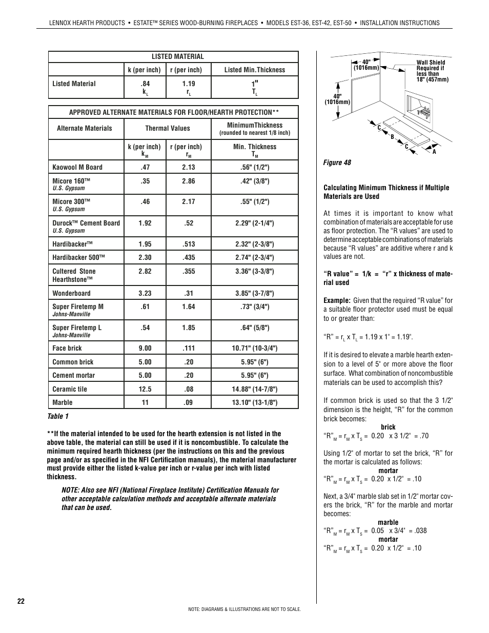 Table 1 | Lennox Hearth WOOD-BURNING FIREPLACES EST-50* User Manual | Page 22 / 26