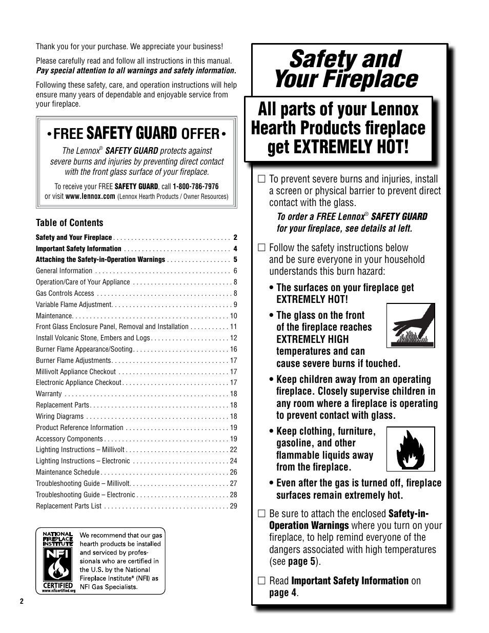 Safety and your fireplace, Safety, Guard | Free, Offer | Lennox Hearth ELITE SERIES ELDV-45NE User Manual | Page 2 / 32