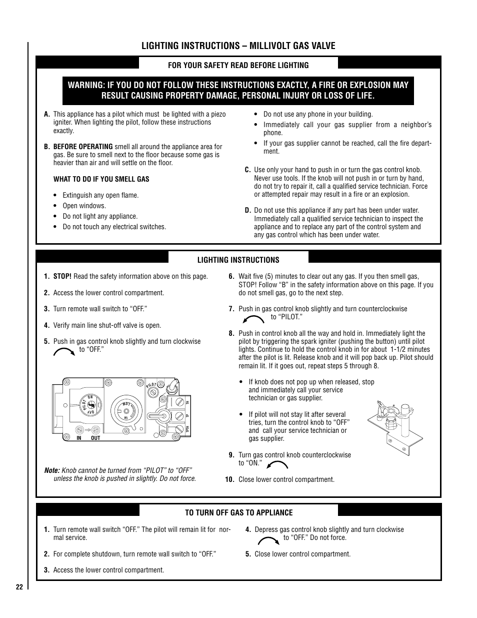 Lighting instructions – millivolt gas valve | Lennox Hearth ELITE SERIES ELDV-45NE User Manual | Page 22 / 32