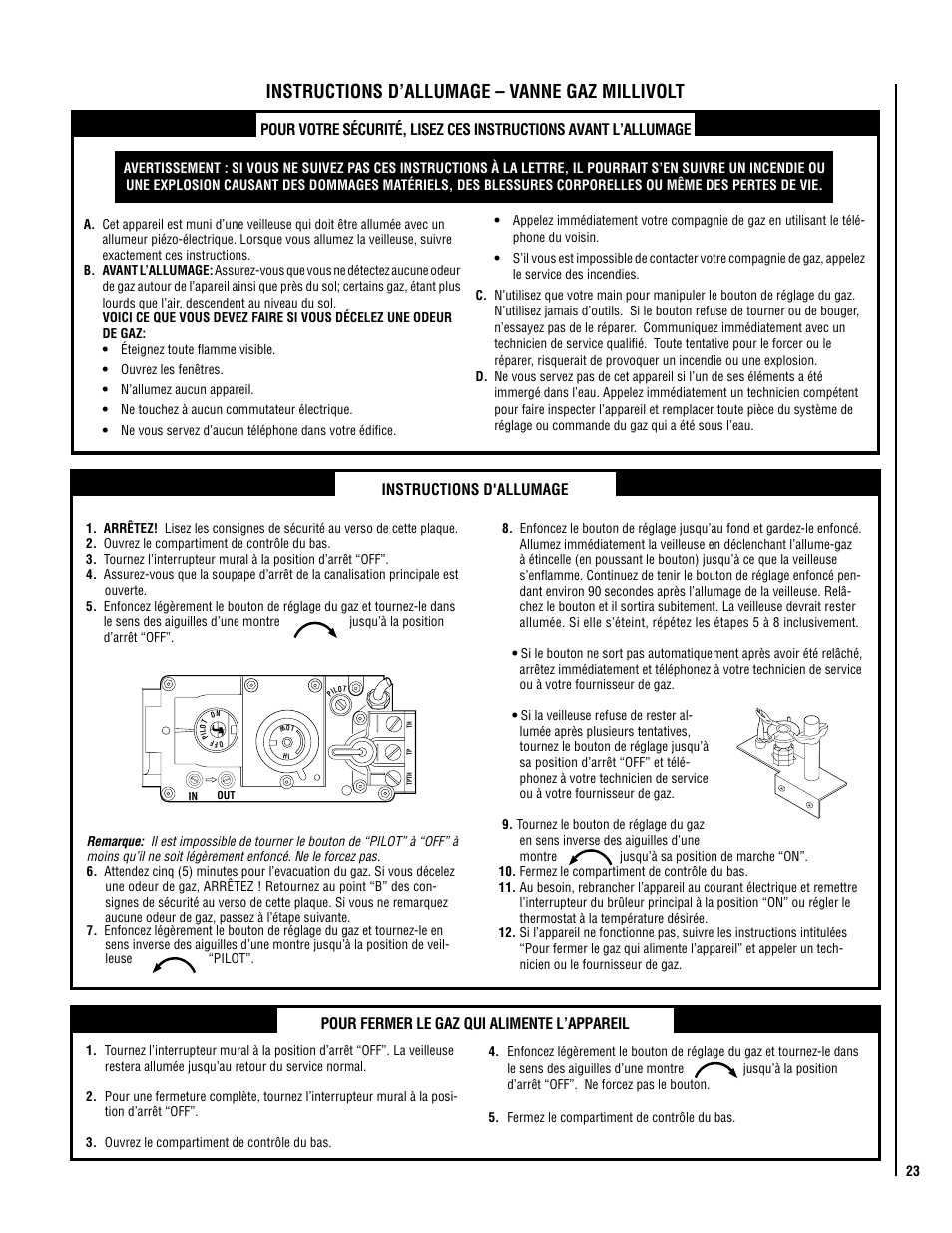 Instructions d’allumage – vanne gaz millivolt | Lennox Hearth ELITE SERIES ELDV-45NE User Manual | Page 23 / 32