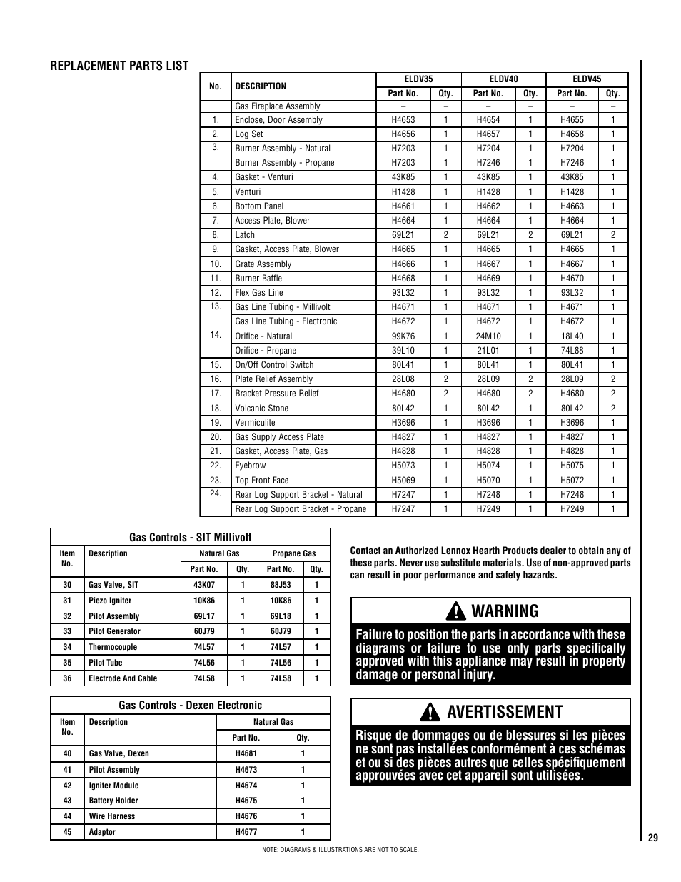 Warning, Avertissement, Replacement parts list | Lennox Hearth ELITE SERIES ELDV-45NE User Manual | Page 29 / 32