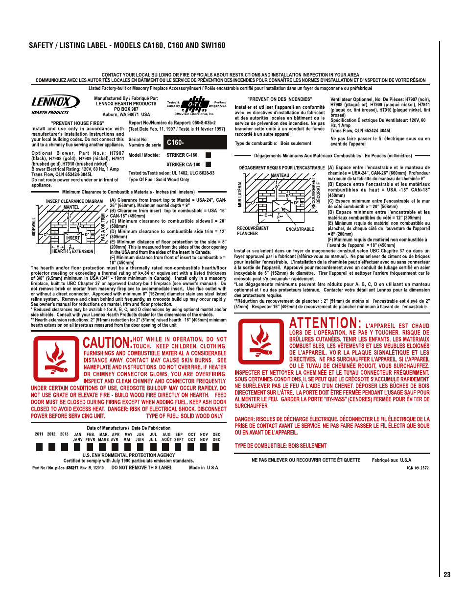 Lennox Hearth STRIKER C160 User Manual | Page 23 / 24