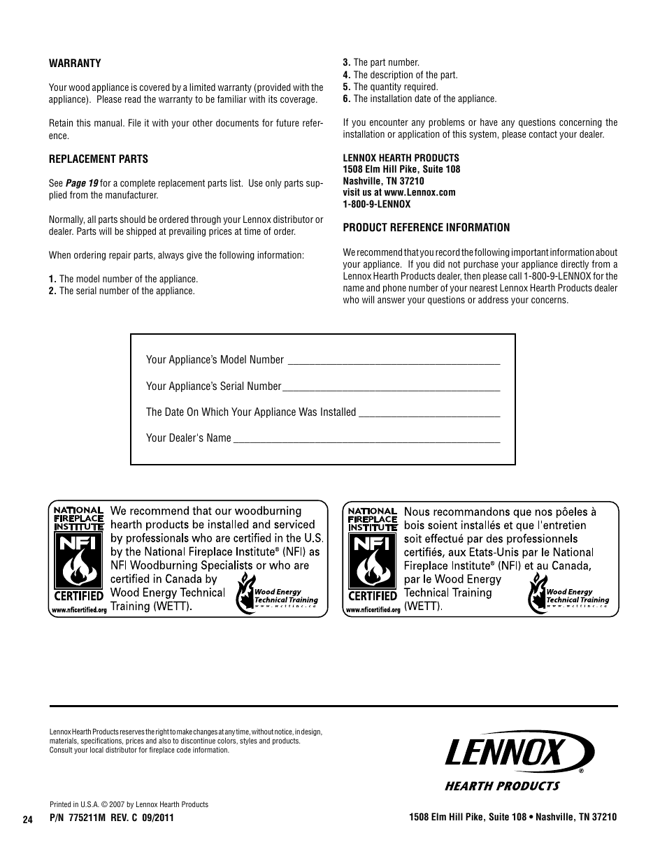 Lennox Hearth STRIKER C160 User Manual | Page 24 / 24