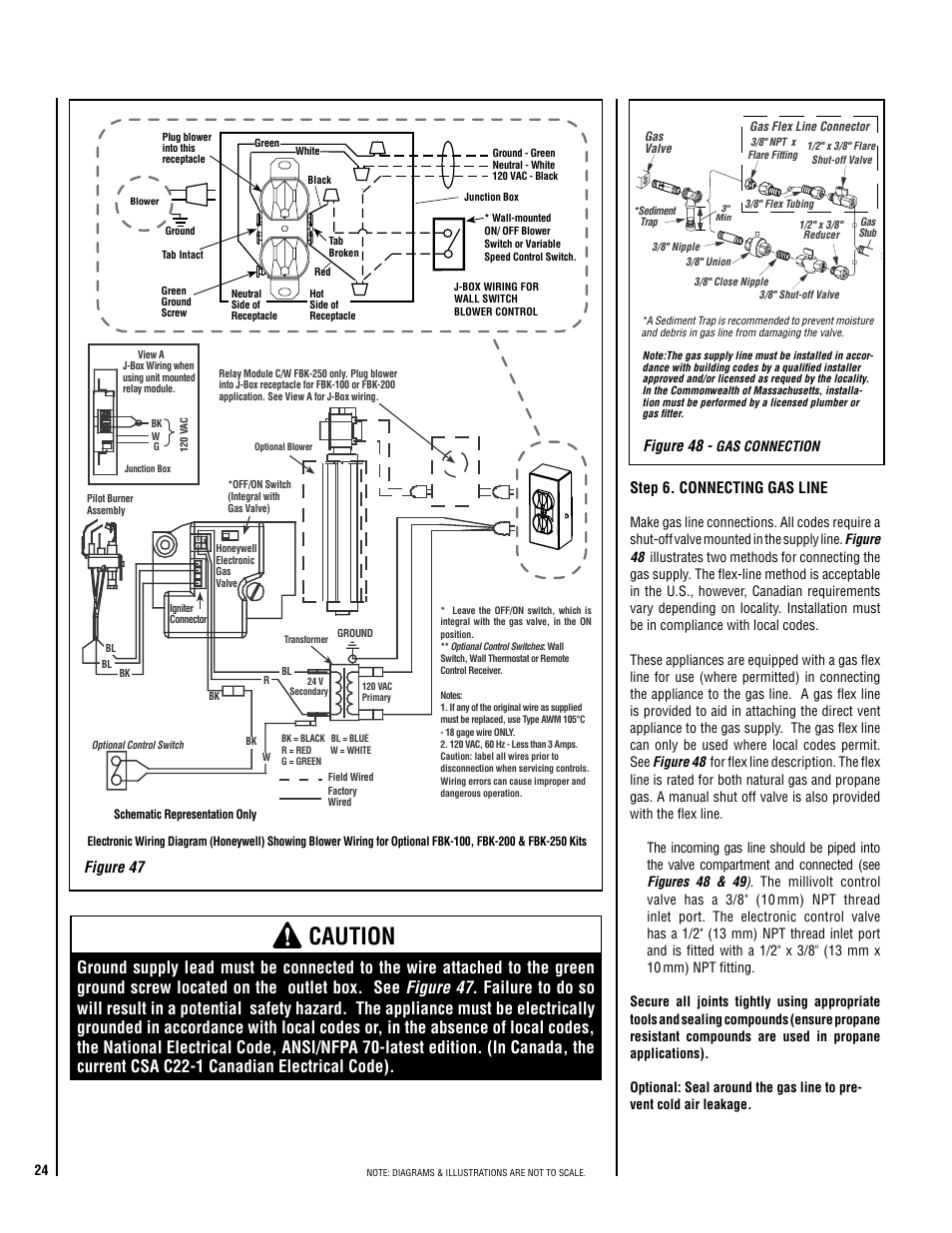 Caution, Figure 47, Figure 48 | Step 6. connecting gas line | Lennox Hearth Electronic LMDV-3530-CNM User Manual | Page 24 / 36