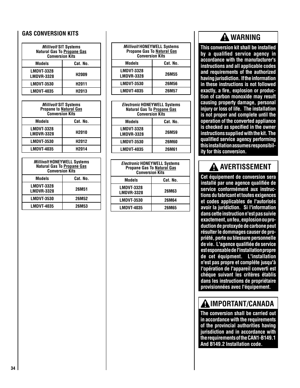 Important/canada, Warning, Avertissement | Lennox Hearth Electronic LMDV-3530-CNM User Manual | Page 34 / 36