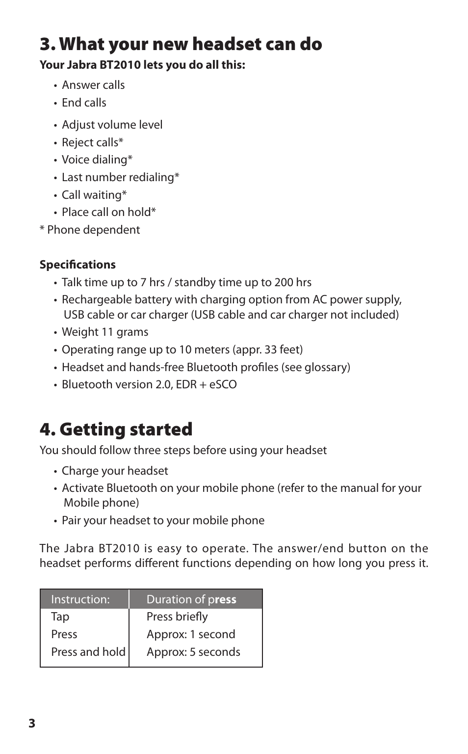 What your new headset can do, Getting started | Lennox Hearth BT2010 User Manual | Page 5 / 16