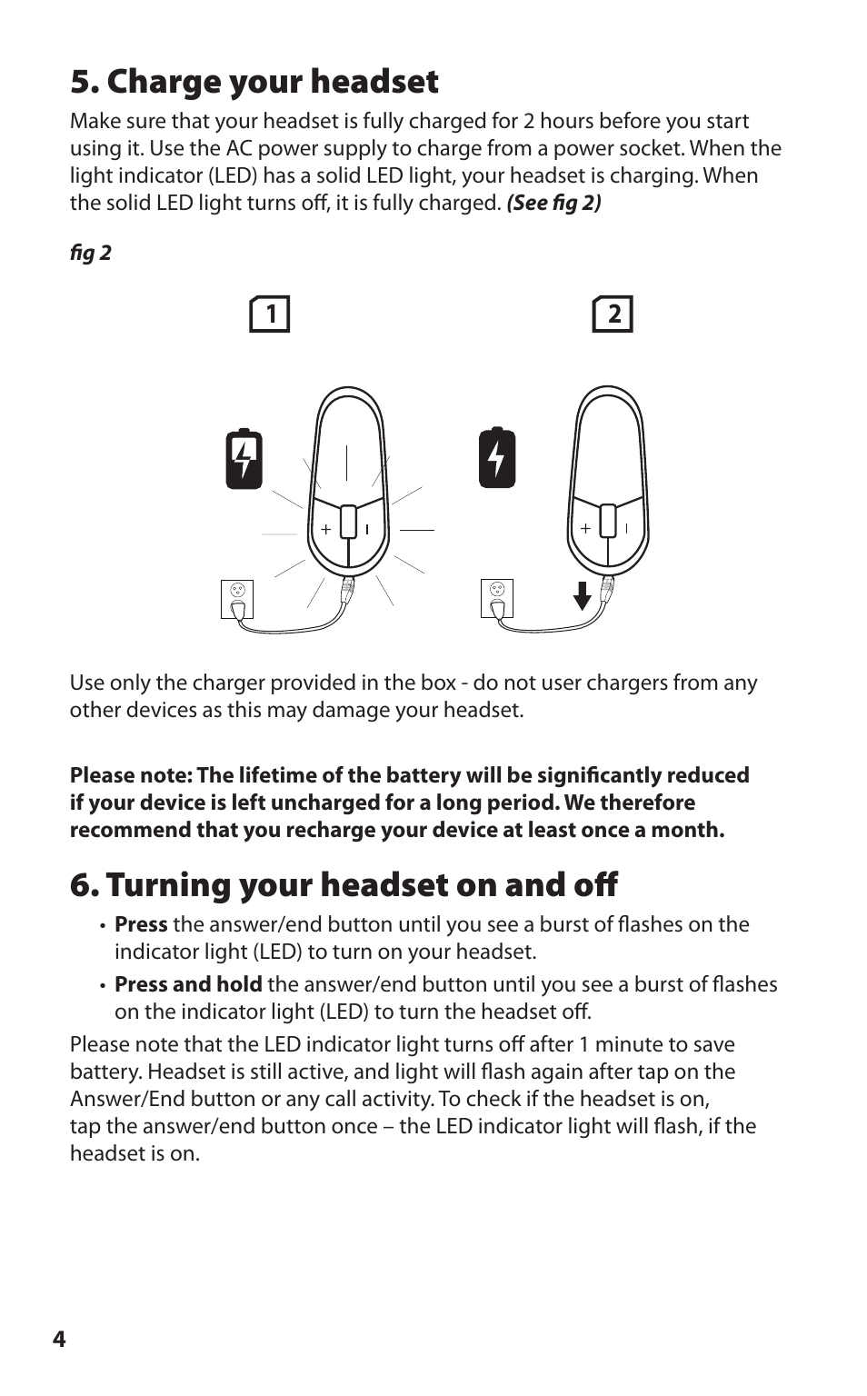 Charge your headset, Turning your headset on and off | Lennox Hearth BT2010 User Manual | Page 6 / 16