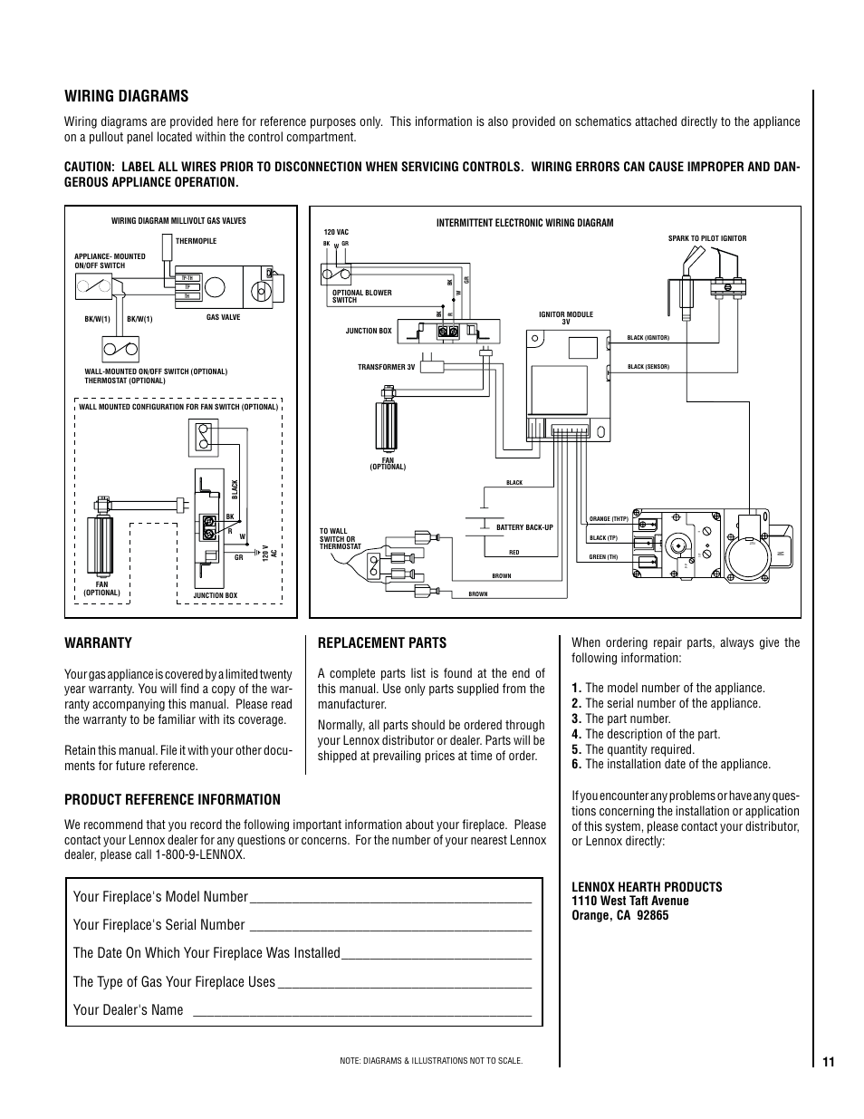 Wiring diagrams, Warranty, Replacement parts | Product reference information, Th tp th tp | Lennox Hearth EN54-VDLE User Manual | Page 11 / 20