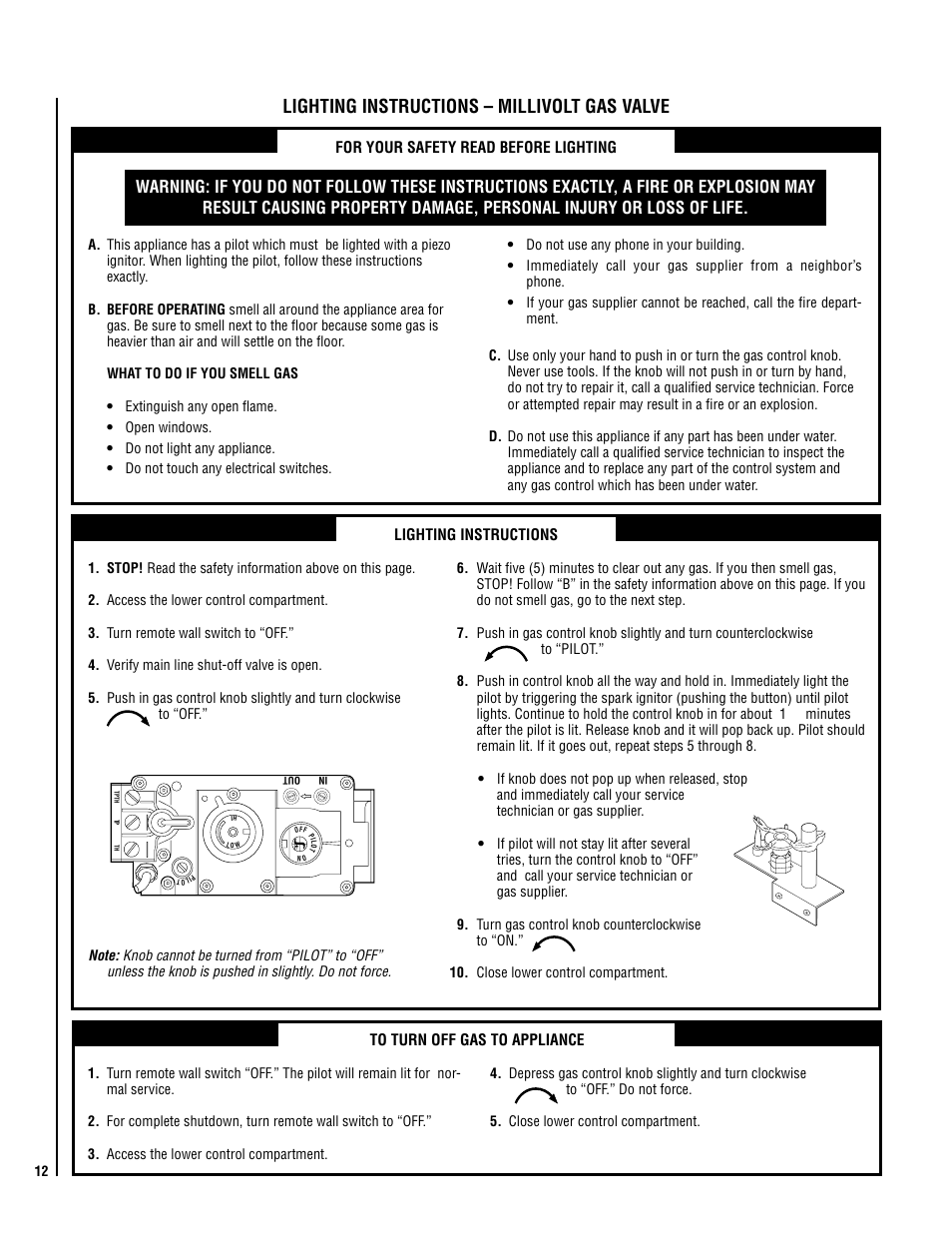 Lighting instructions – millivolt gas valve | Lennox Hearth EN54-VDLE User Manual | Page 12 / 20