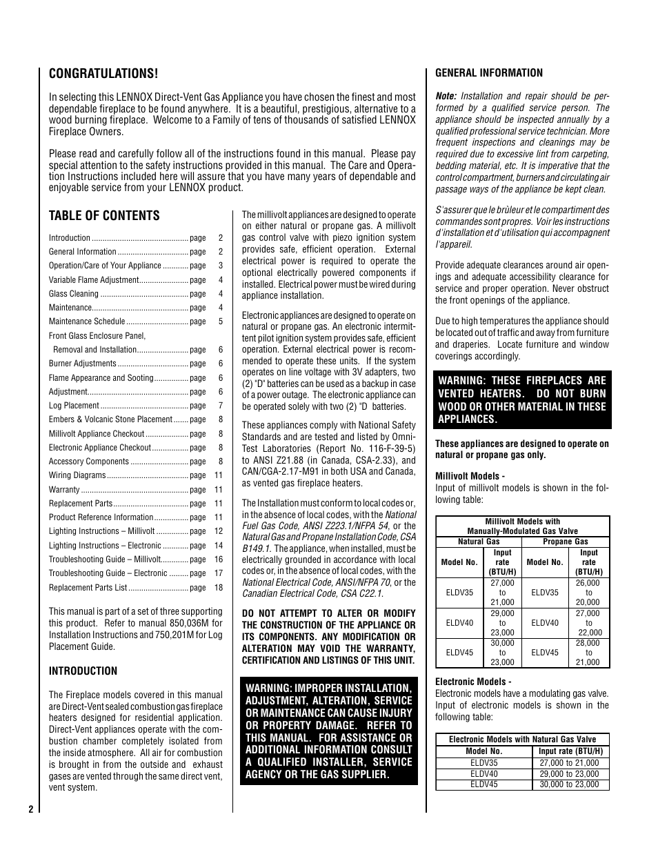 Lennox Hearth EN54-VDLE User Manual | Page 2 / 20