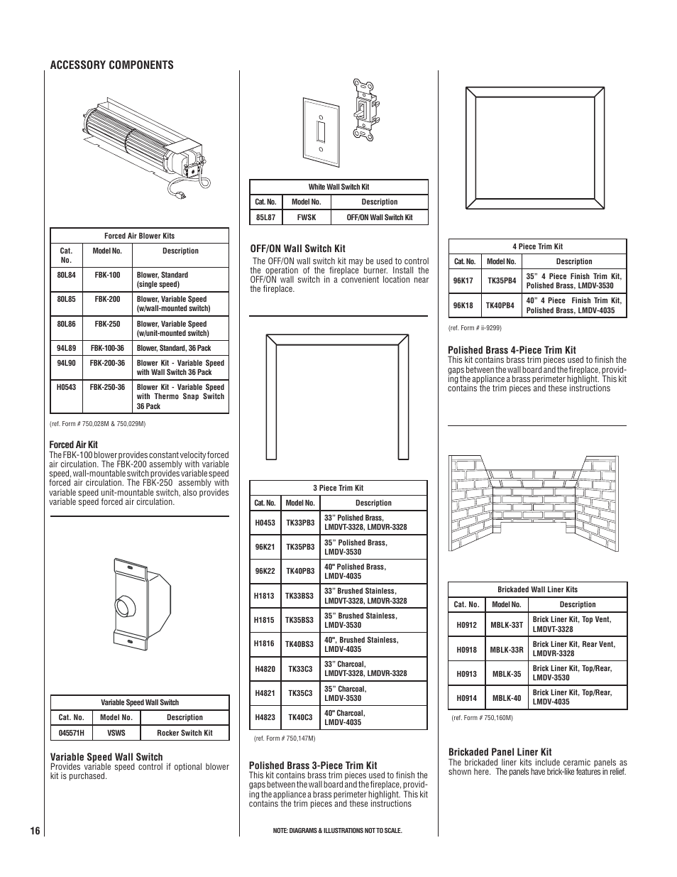 Accessory components, Variable speed wall switch, Brickaded panel liner kit | Polished brass 3-piece trim kit, Polished brass 4-piece trim kit, Off/on wall switch kit | Lennox Hearth LMDV-3530CNM User Manual | Page 16 / 28