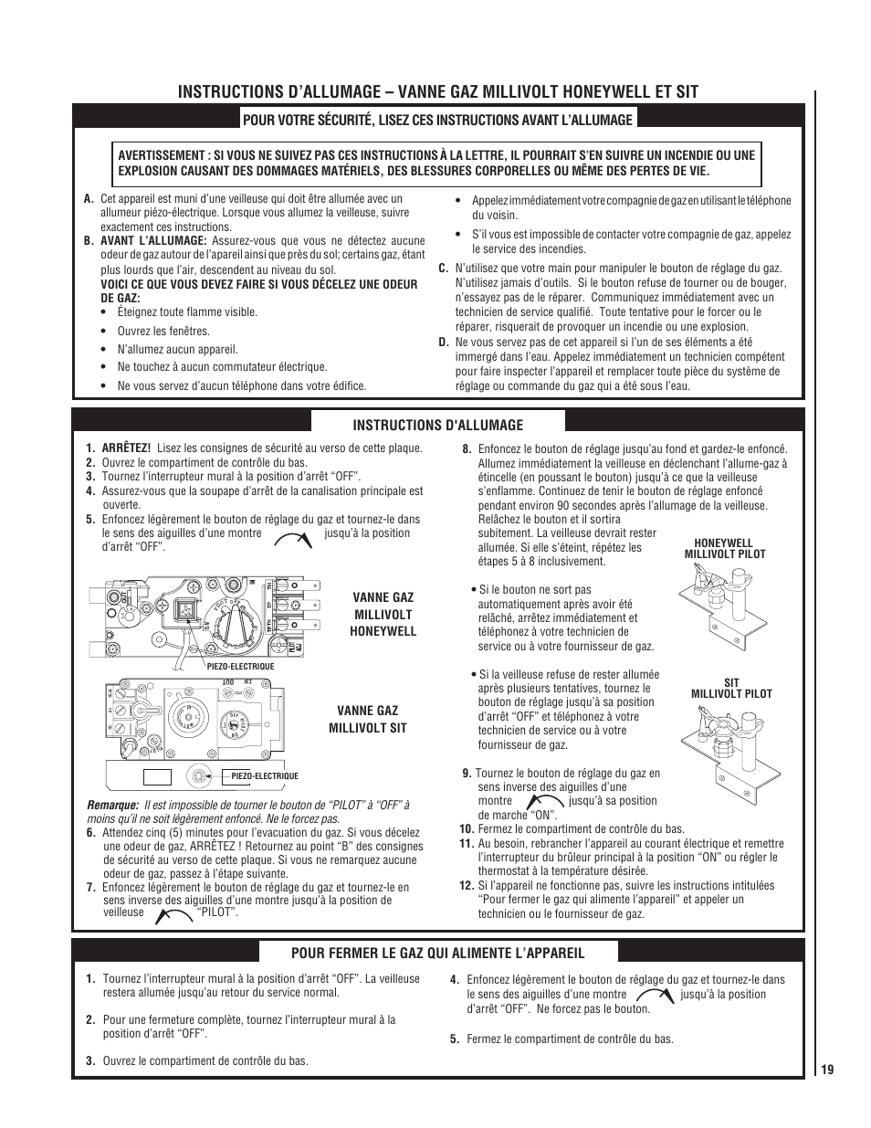 Instructions d'allumage, Pour fermer le gaz qui alimente l’appareil | Lennox Hearth LMDV-3530CNM User Manual | Page 19 / 28