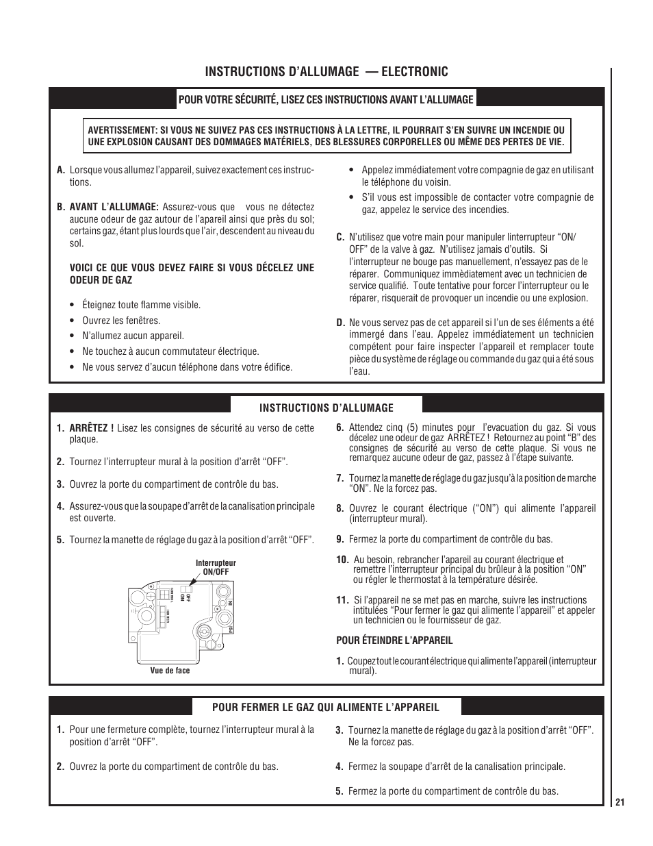 Instructions d’allumage — electronic, Pour fermer le gaz qui alimente l’appareil | Lennox Hearth LMDV-3530CNM User Manual | Page 21 / 28