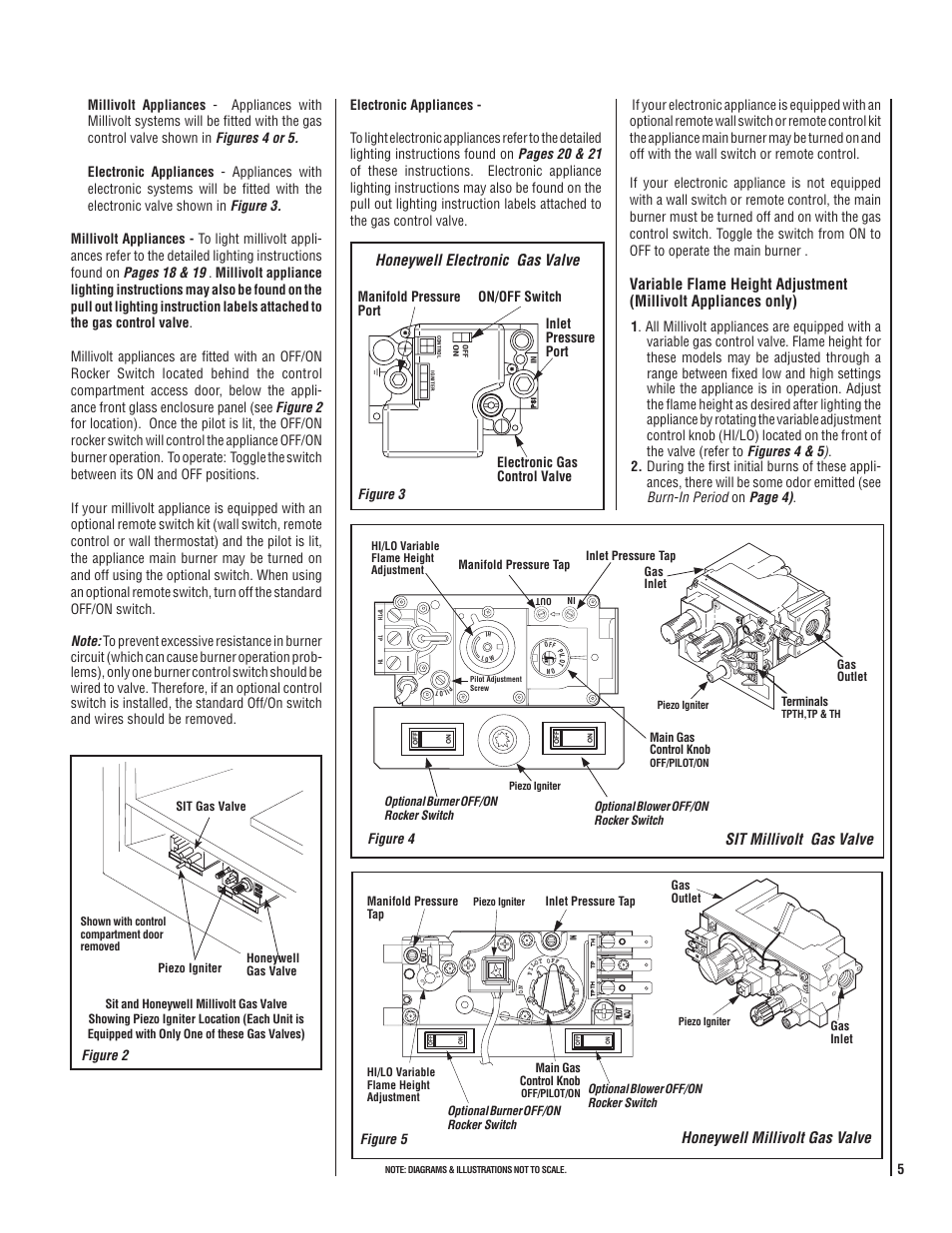 Honeywell millivolt gas valve, Sit millivolt gas valve, Honeywell electronic gas valve | Figure 2, Figure 5, Figure 3, Figure 4 | Lennox Hearth LMDV-3530CNM User Manual | Page 5 / 28