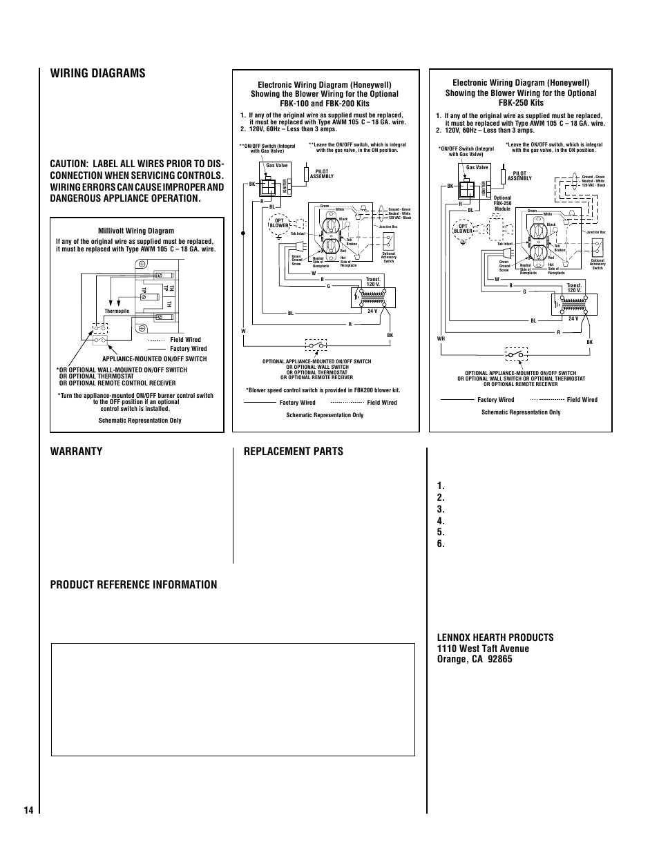 Wiring diagrams, Warranty, Replacement parts | Product reference information | Lennox Hearth B-MPC0353VDE User Manual | Page 14 / 24