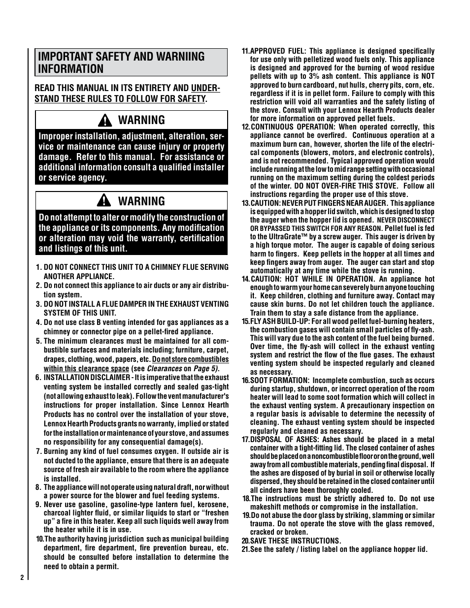 Important safety and warniing information, Warning | Lennox Hearth Montage 32FS User Manual | Page 2 / 36