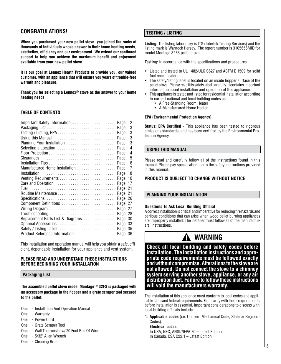 Warning | Lennox Hearth Montage 32FS User Manual | Page 3 / 36