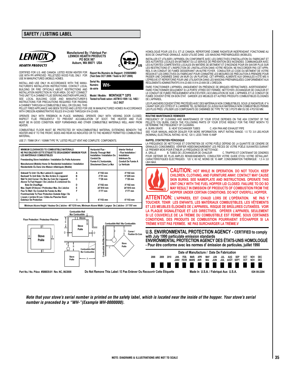 Caution, Attention, U.s. environmental protection agency | Safety / listing label | Lennox Hearth Montage 32FS User Manual | Page 35 / 36