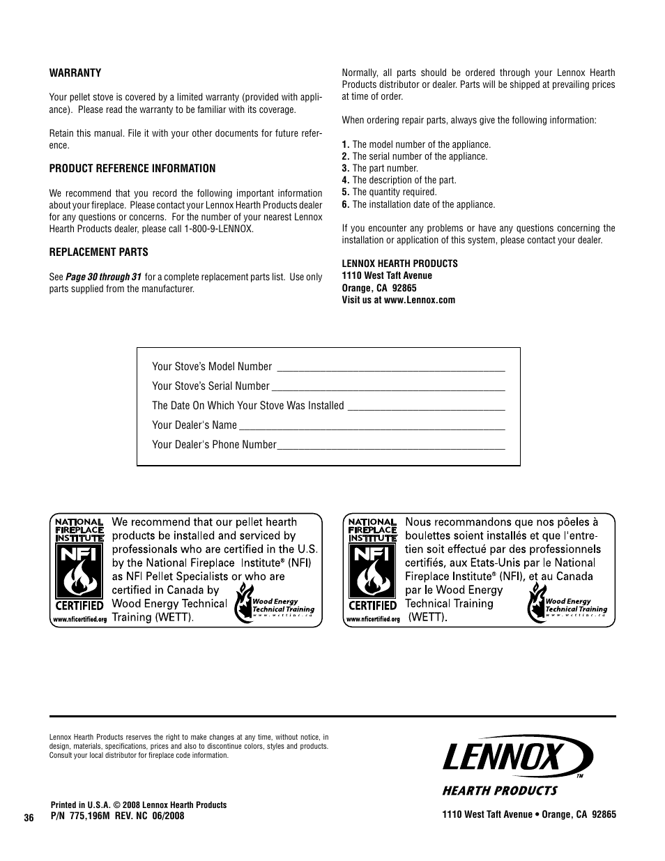 Lennox Hearth Montage 32FS User Manual | Page 36 / 36