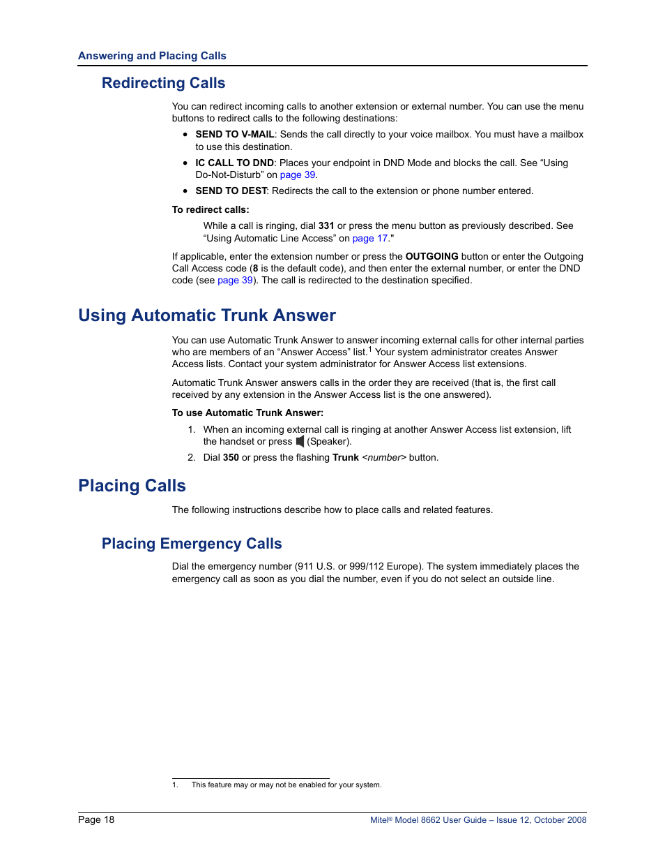 Redirecting calls, Using automatic trunk answer, Placing calls | Placing emergency calls | Lennox Hearth INTER-TEL 8662 User Manual | Page 32 / 68