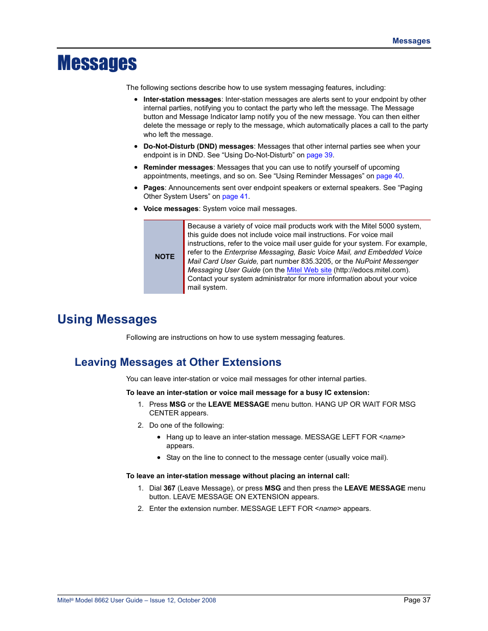 Messages, Using messages, Leaving messages at other extensions | See “using messages” on, E “leaving messages at other extensions” on | Lennox Hearth INTER-TEL 8662 User Manual | Page 51 / 68